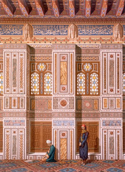 Cairo: Interior of the Mosque of Qaitbay; worshippers pray at the side wall of the Mihrab c15th, 19th century by Emile Prisse d